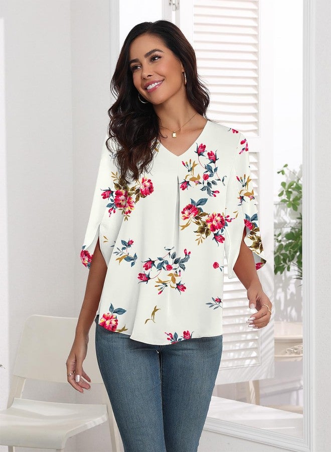 LAOLASI Womens Summer Clothes Elegant 3/4 Sleeve V Neck Chiffon Blouses for Women Casual Flowy Tops Shirts,Floral White,XXL - Image 5